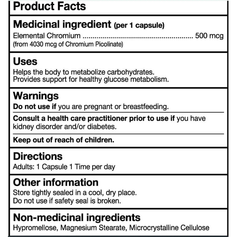 Nutridom picolinate de chrome 500 mcg, 150 VCaps| Métabolisme du glucose