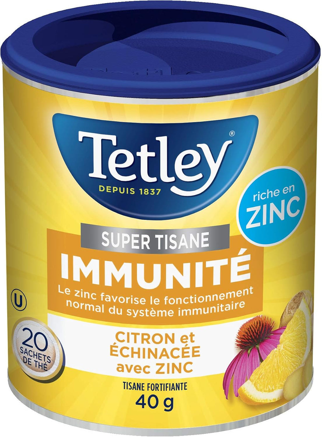 Tetley Super Tisane immunitaire : Citron et échinacée au zinc – 20 sachets de thé, 40 g, naturellement sans caféine