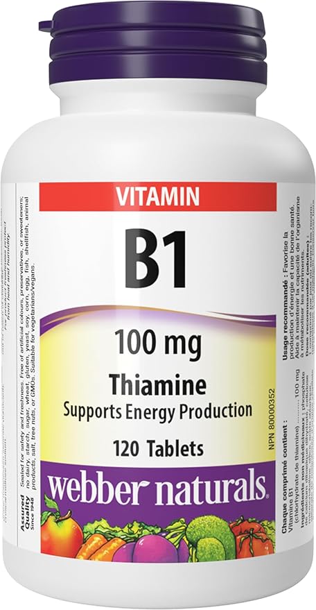 Webber Naturals Vitamine B1 thiamine 100 mg, 120 comprimés, favorise la production d'énergie