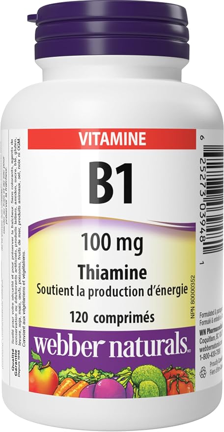 Webber Naturals Vitamine B1 thiamine 100 mg, 120 comprimés, favorise la production d'énergie