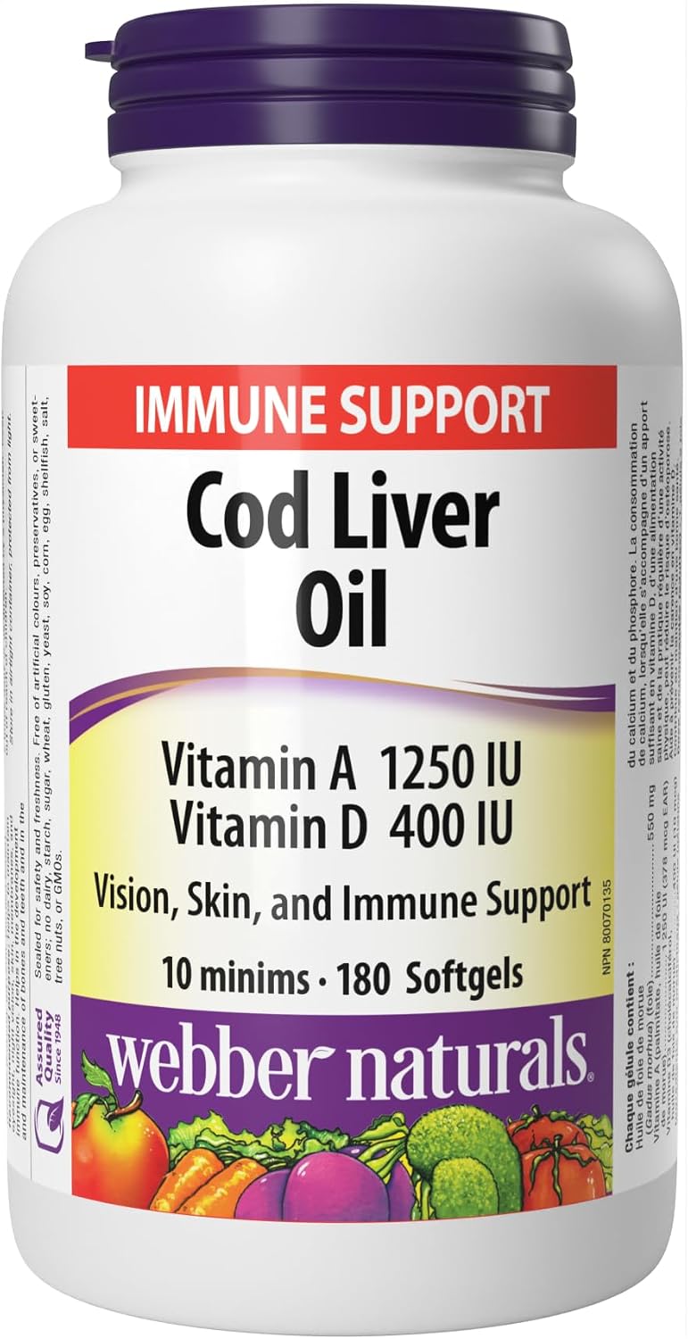 Complément alimentaire | Webber Naturals Huile de foie de morue Vitamine A Vitamine D 1 250 UI/400 UI