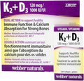 Webber Naturals K2 + D3 120 mcg/1000 UI, contribue au bon fonctionnement du système immunitaire - 220 capsules molles
