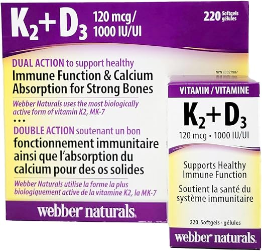 Webber Naturals K2 + D3 120 mcg/1000 UI, contribue au bon fonctionnement du système immunitaire - 220 capsules molles