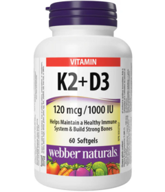 Complément alimentaire| Webber Naturals Vitamine K2 avec D3, 60 gélules molles, aide à soutenir les os, les dents et la fonction immunitaire
