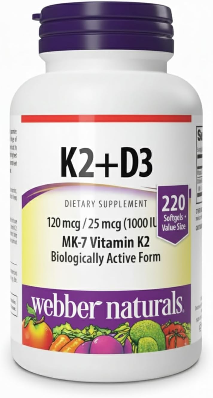 Webber Naturals K2 + D3 120 mcg/1000 UI, contribue au bon fonctionnement du système immunitaire - 220 capsules molles