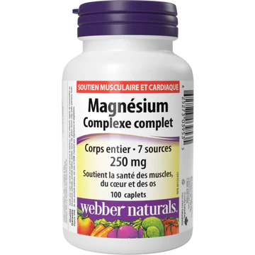 Webber Naturals Complexe complet de magnésium 250 mg, 7 sources de magnésium, 100 caplets, aide à soutenir la santé musculaire, cardiaque et osseuse
