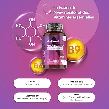 Myo inositol 4000mg Acide Folique Vitamine B6, B9, Chrome - La Vitamine B6 Contribue à la Régulation de l'Activité Hormonale, 120 Comprimés