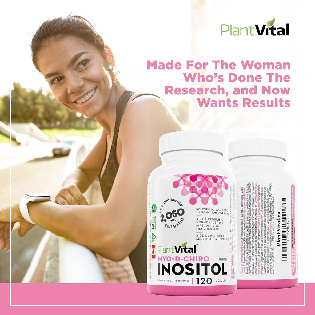 PlantVital Myo Inositol D-Chiro Inositol Complément alimentaire 2 050 mg (rapport 40:1) – Supplément de SOPK pour femme – Soutien de la fertilité, équilibre hormonal