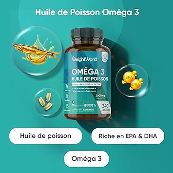 Oméga 3 Huile de Poisson Gélules 2000mg, 240 Gélules|EPA 660mg & DHA 440mg, Fish Oil