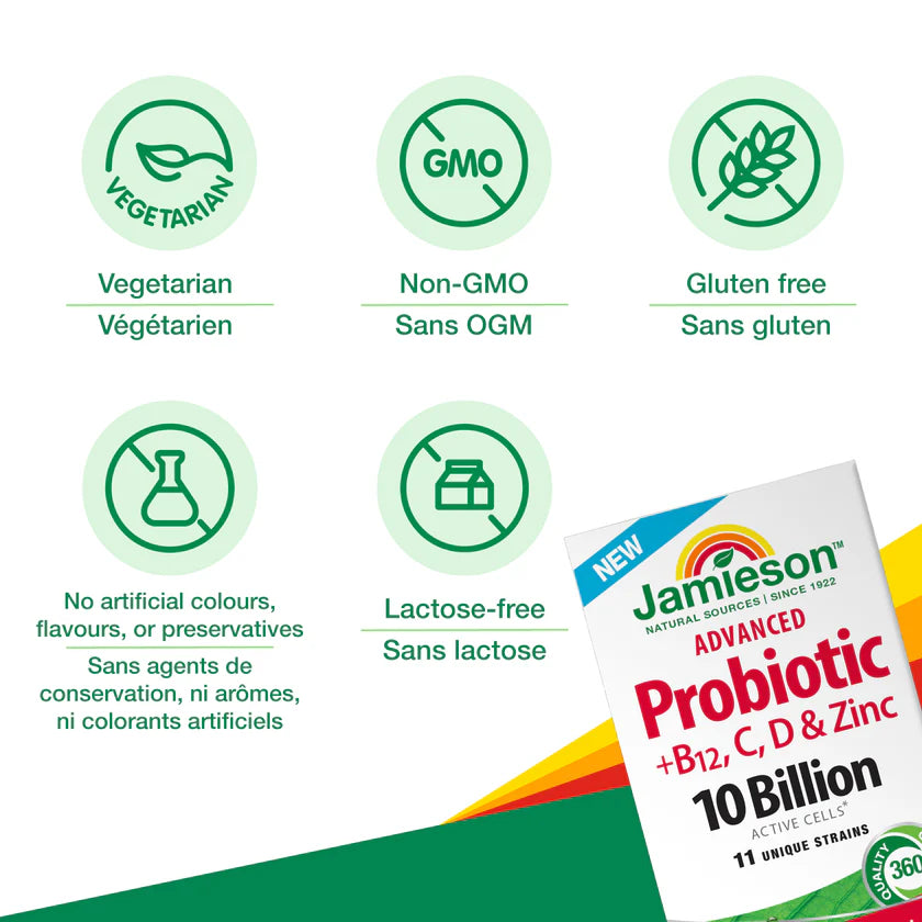 Complément alimentaire | Probiotique avancé + vitamines B12, C, D et zinc,