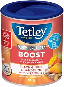 Super tisane Boost – Pêche, gingembre et nlit avec vitamine B6-20 sachets de thé, 40 g, naturellement sans caféine