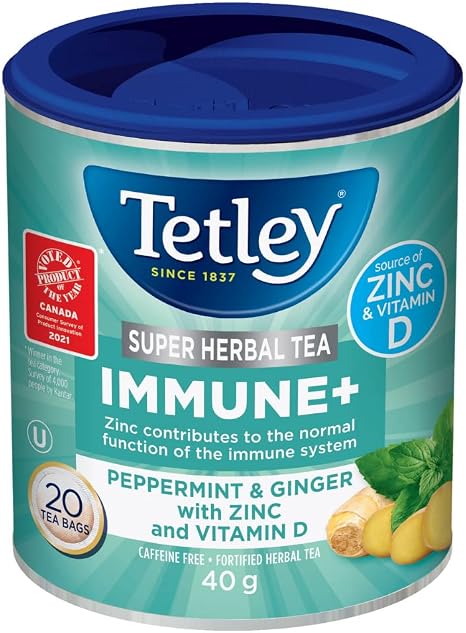 Tetley Super apaisant à base de plantes, caféine – Immunité gratuite + : thé à la menthe poivrée et au gingembre, fortifié avec du zinc et de la vitamine D