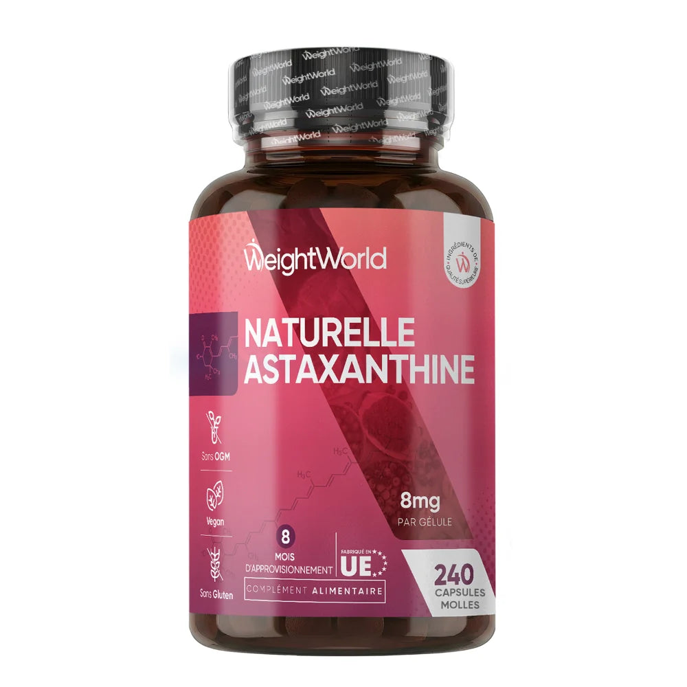 Astaxanthine Naturelle, 240 Gélules Molles Vegan pour 8 Mois, Issue d'Algue Marine Haematococcus Pluvialis